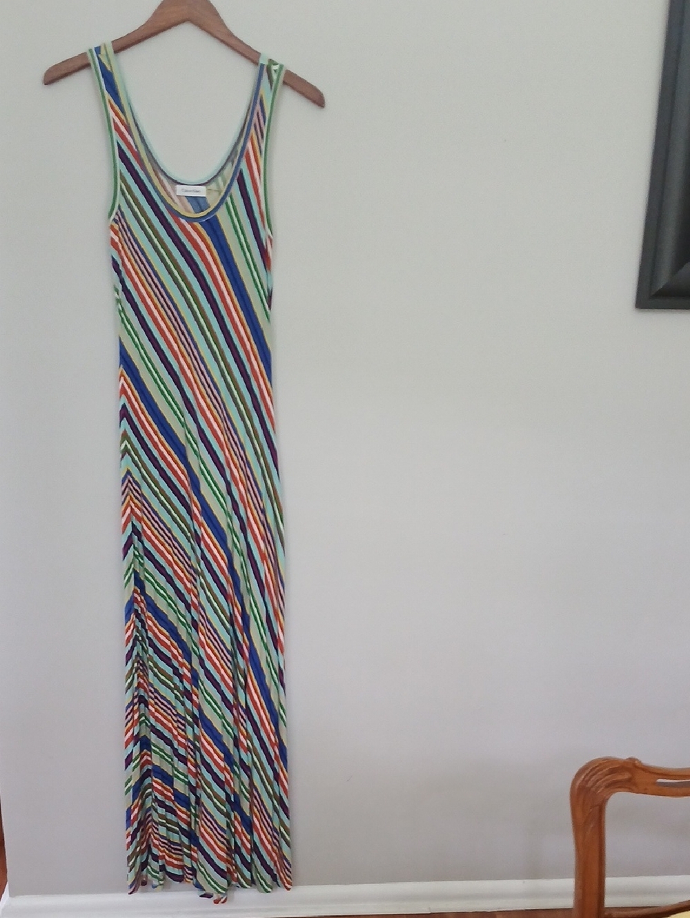 Calvin Klein Diagonal Striped Sleeveless Maxi Dress in Blue, Green & Red